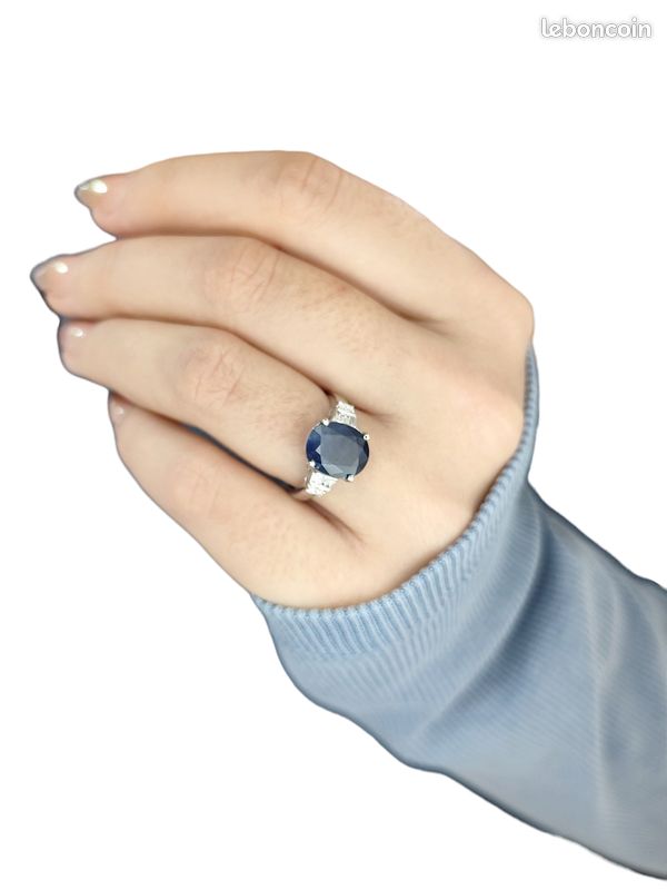 Bague En Or 18 Carats Avec Saphir Et Diamants (0,04 Ct) - Taille 52, 4.62g, Occasion Style Cocktail