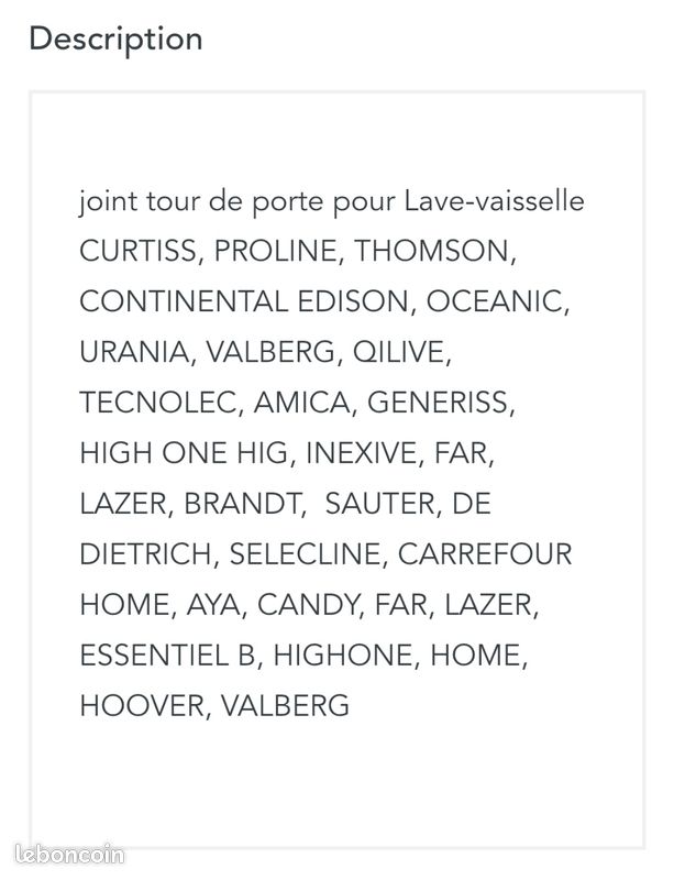 Joint tour porte lave vaisselle Candy Hoover Rosières 41010838