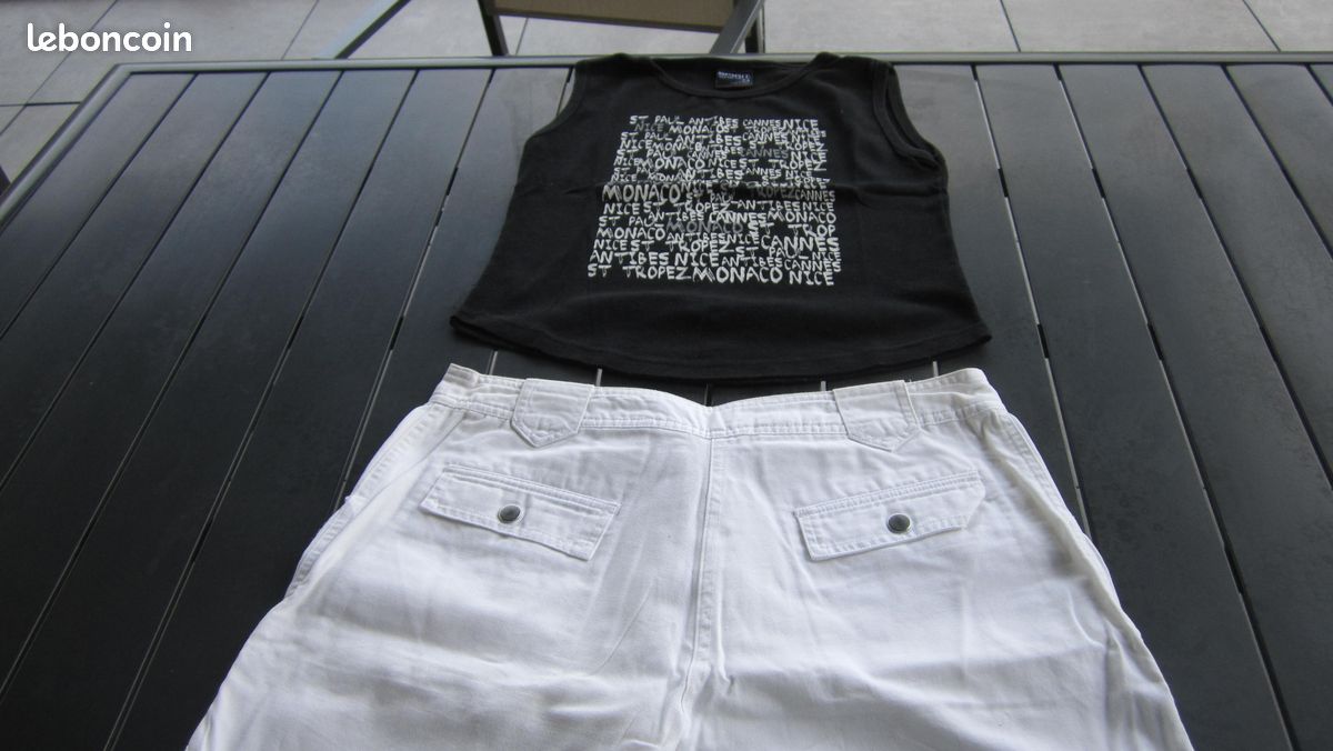Short transformable bermuda blanc coton et son haut noir assorti (image 3)