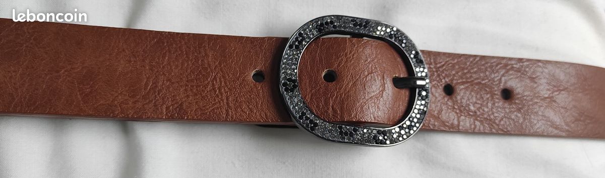 Ceinture Western Femme Cuir Marron - Cloutée Strass - Taille M - Fabriquée En Chine