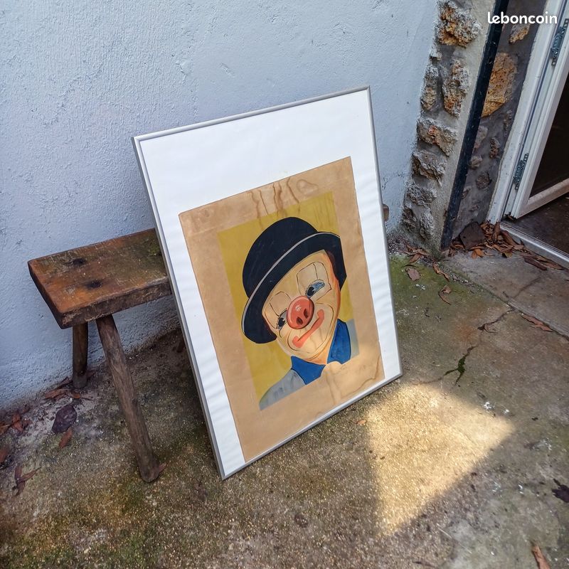Toupie Ancienne En Tôle Lithographiée – Visage De Clown Avec Chapeau – Cirque USA 1950
