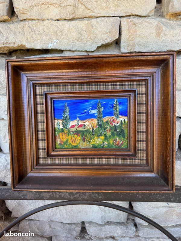 Petit Tableau Provençal - Huile sur bois - Cadre Bois & Tissu (image 1)