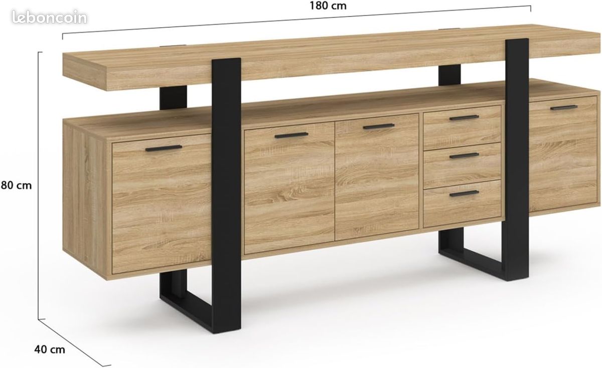 Grand Buffet XXL 180 cm – Design Industriel Loft – 4 Placards & 3 Tiroirs – Finition Bois et Noir – Grande Capacité de Rangement – L.180 x l.40 x H.80 cm (image 2)