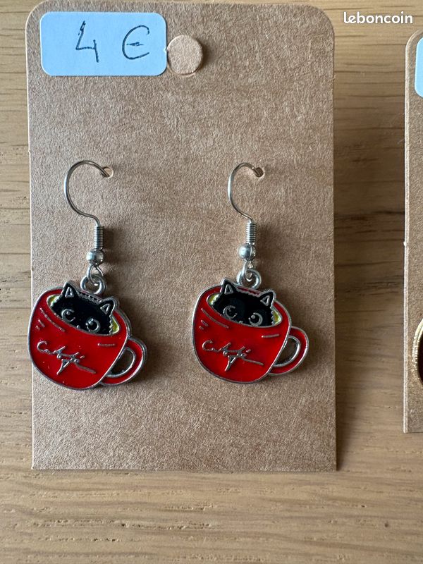 Boucles D'oreilles Argent Inoxydable Avec Cabochon Chat 18mm - Gris - Fermoir Clous - Neuf Sans Emballage