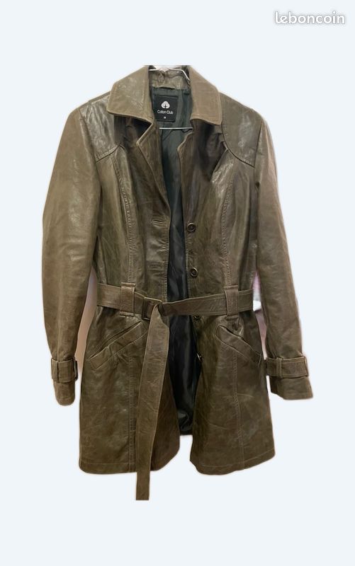 Trench mi-long en cuir vert foncé Vêtements