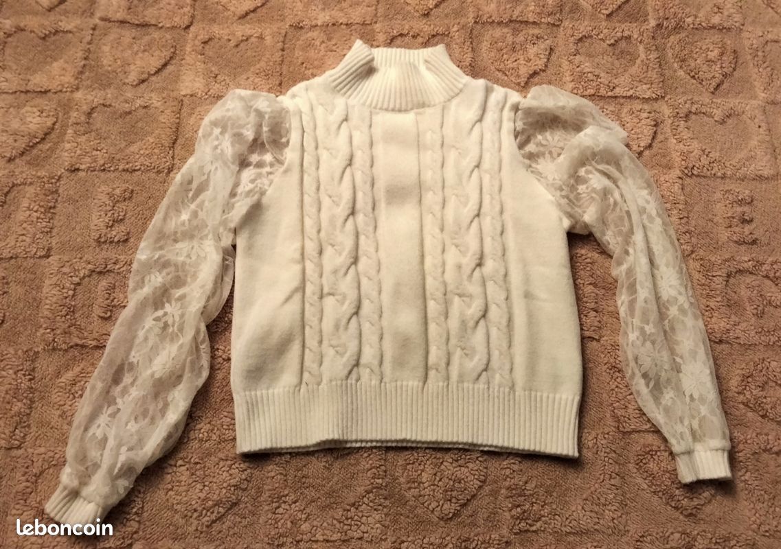Pull Femme Blanc Taille S – Shein – Manches Dentelle – Coupe Régulière