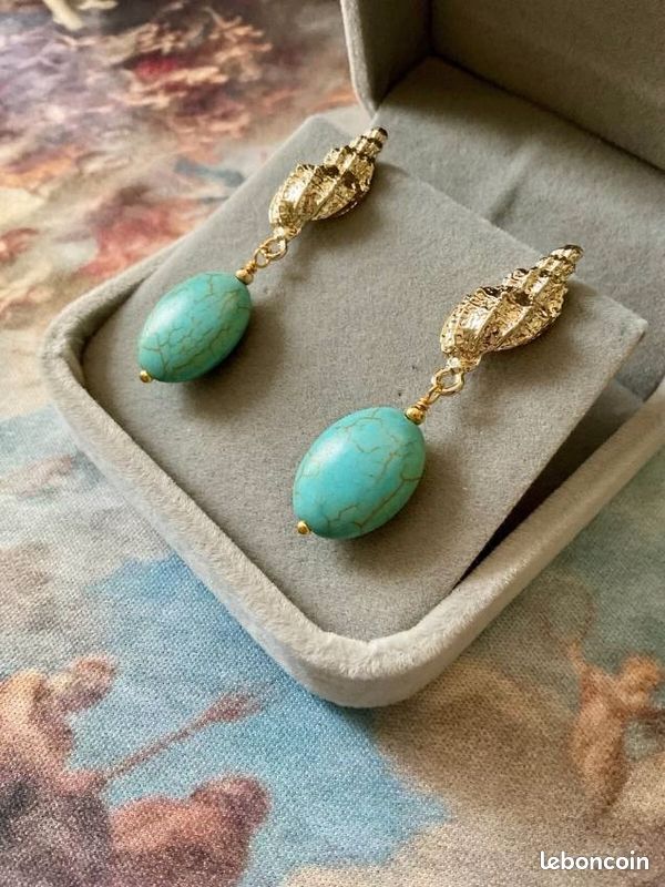 Boucles D'Oreilles Anciennes En Or 18 Carats Avec Perles Et Turquoises - Occasion