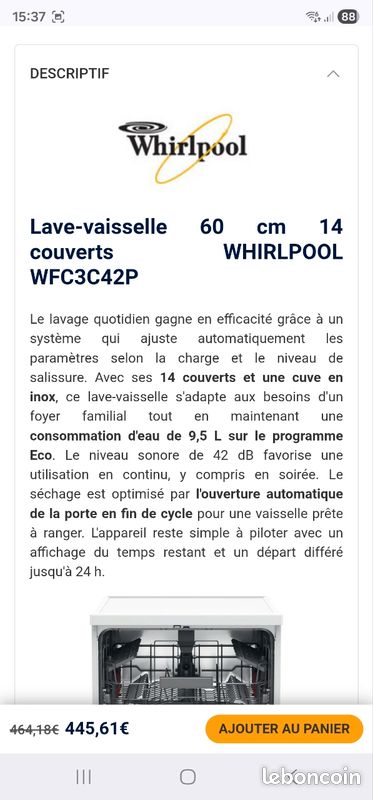 Lave vaisselle whirlpool WFC3C42P (image 4)