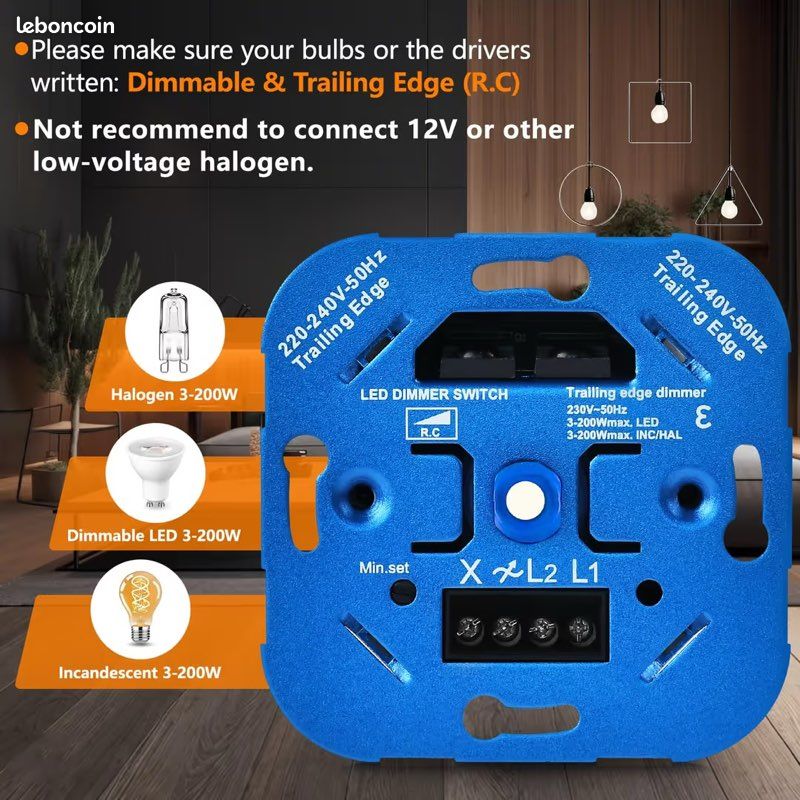 Pack 2 Unit - Dimmer per LED 220 V. Regolatore luce e potenziometro 220 V con manopola. Dimmerabile LED. Regolatore intensità luce. Interruttore
