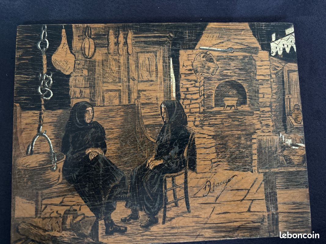 Peinture ancienne sur bois vernie – Ajaccio – scène d’intérieur – 18 × 24 cm (image 1)