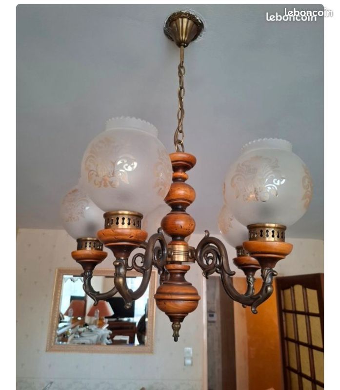 Lustre Vintage 5 Branches – Bois Et Laiton, Style Rétro Industriel
