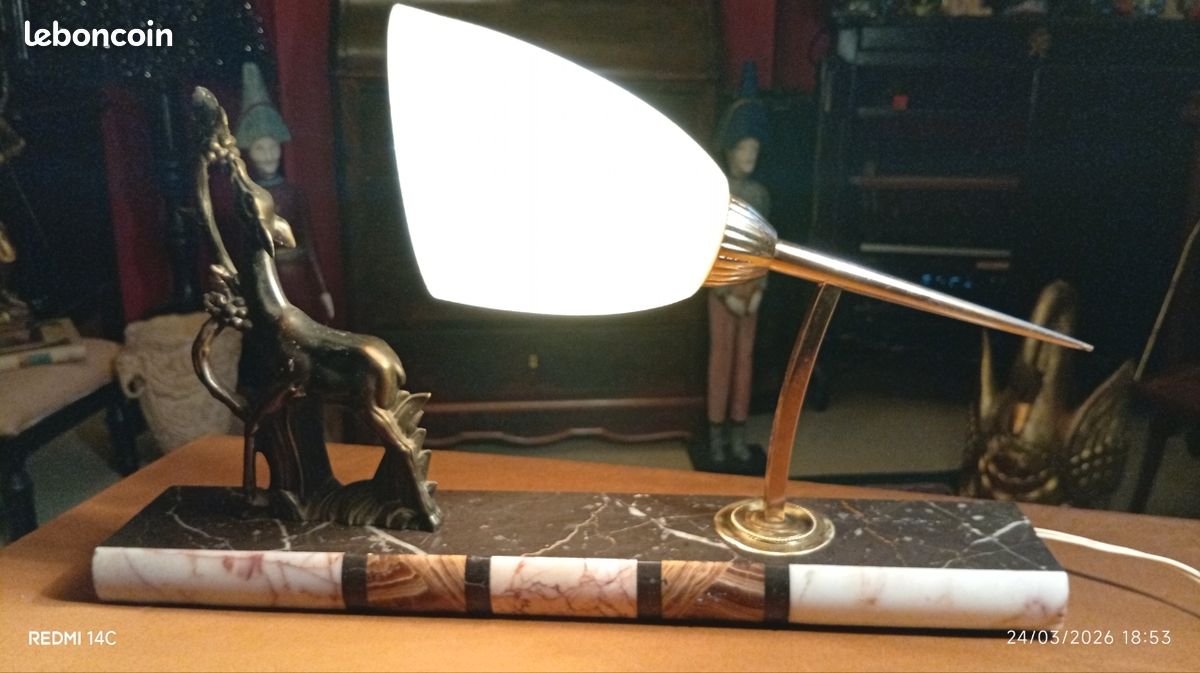 Lampe de table marbre et régule /cerf et biche /vintage