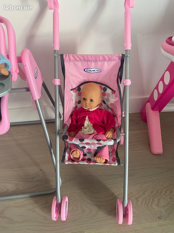 Ensemble Poussette Bébé 5 En 1 – Poussette + Balançoire + Chaise Bascule + Chaise Repas + Lit – Jouet Simulation Pour Poupée Fille, Imprimé Arc-en-Ciel