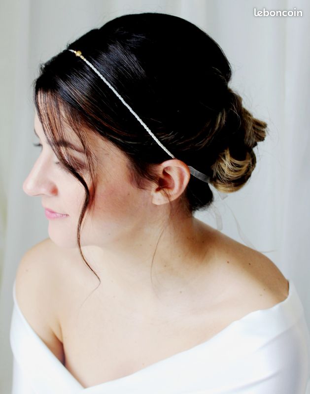 Headband perles ivoires et facettes dorées - ELISE - (image 3)