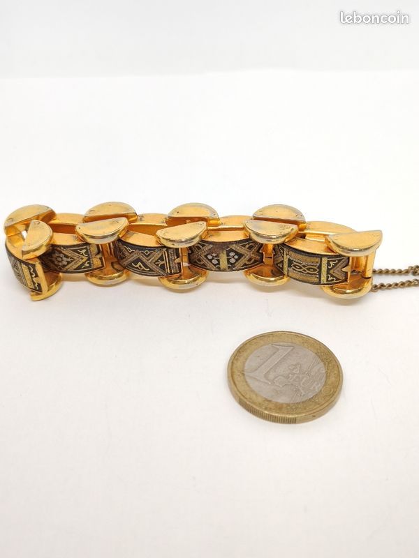 Bracelet Vintage En Or De Tolède Avec Décor Nacré Et Motifs Gravés - Ancien, Très Bon état