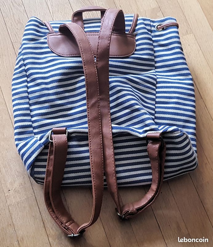 Sac à dos en toile solide à rayures bleu et blanc avec renforts et bandoulières en cuir fermetures métal TBE (image 7)