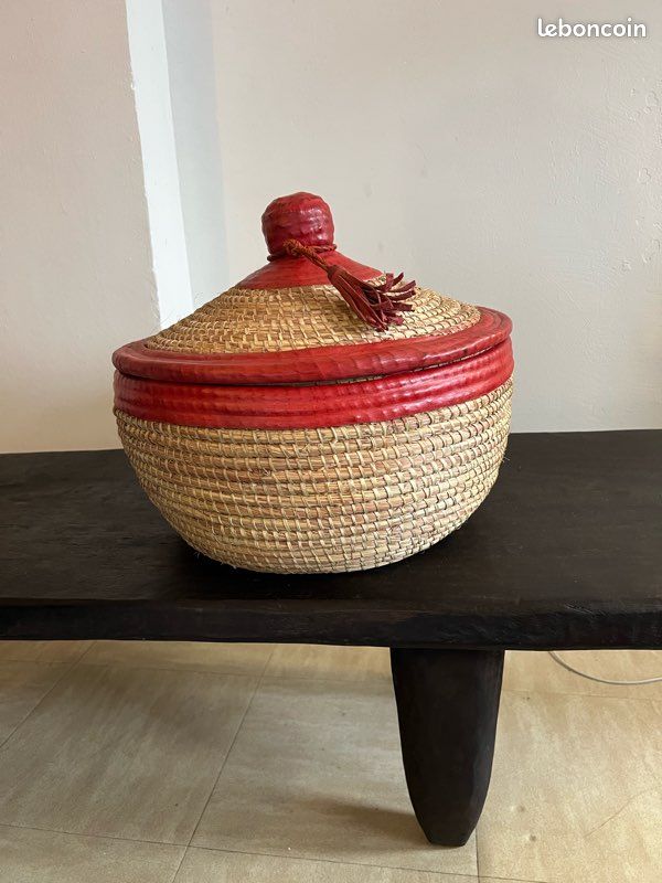 Elegant petit Panier ancien Osier rotin à couvercles 38cm haut