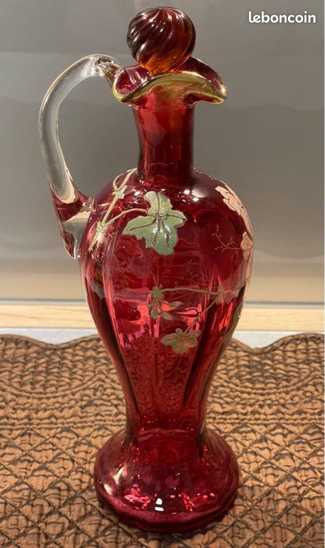 LOT ANCIENNE CARAFE Emaillee A Colerette Et Ses 4 Verres Roses EUR 20,00 - FR