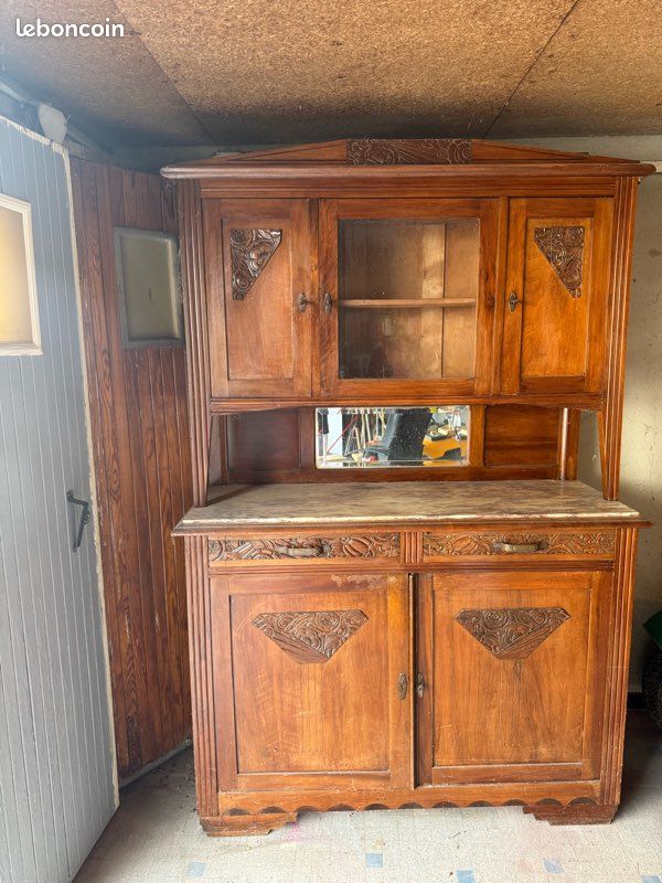 Buffet vaisselier Art Déco en bois avec marbre et miroir - Ameublement Buffet vaisselier Art Déco en bois avec marbre et miroir - Ameublement