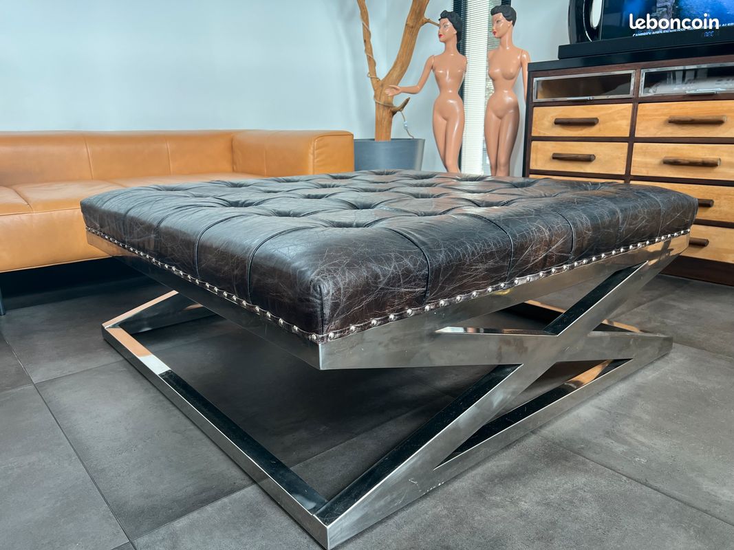 Table basse/pouff en cuir véritable piétement acier (image 4)
