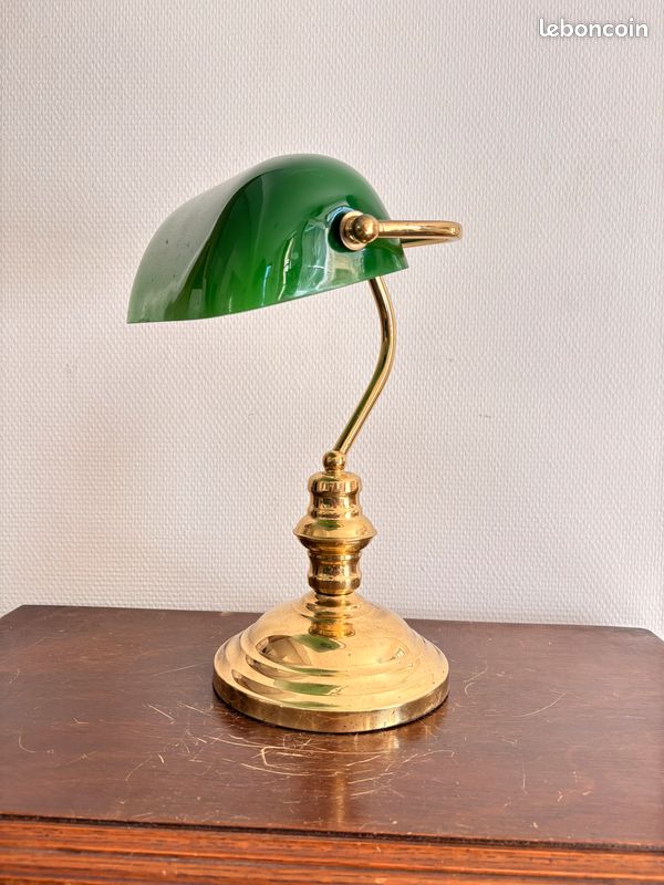 Lampe De Bureau / Banquier Vintage Verte Et Dorée - Métal - Occasion