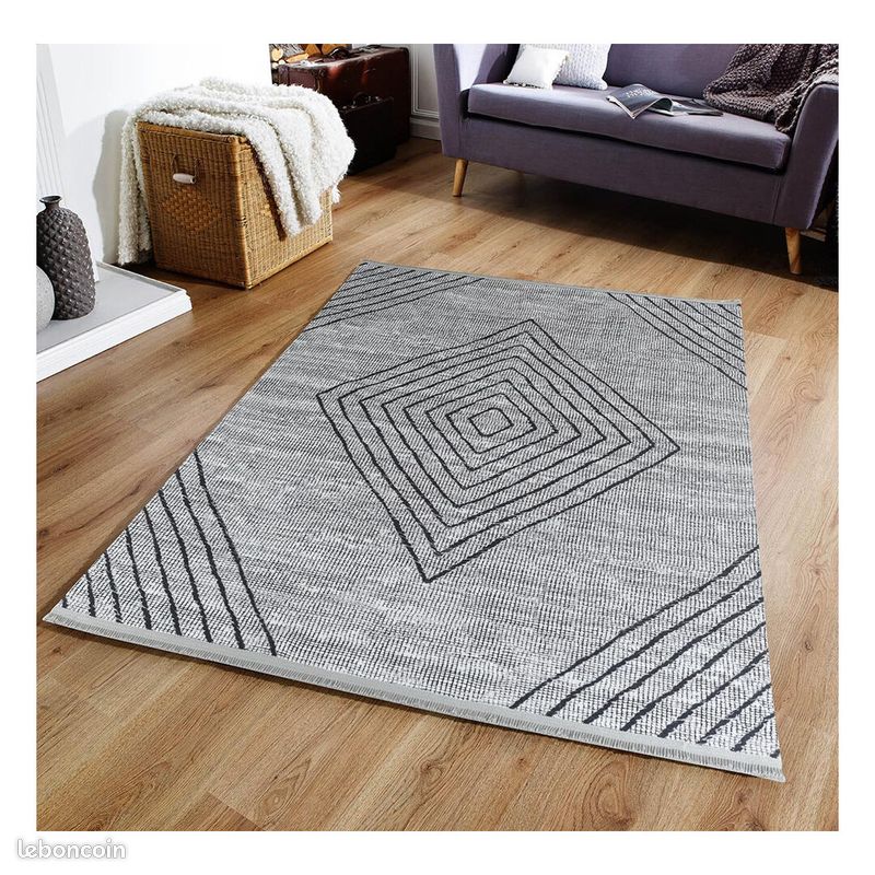 Tapis de salon ethnique à franges lavable en machine Tod Gris 200x290 (image 2)