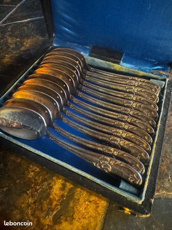 Coffret De 12 Cuillères à Café Poirier - Métal Argenté - Chalons Sur Marne 1955