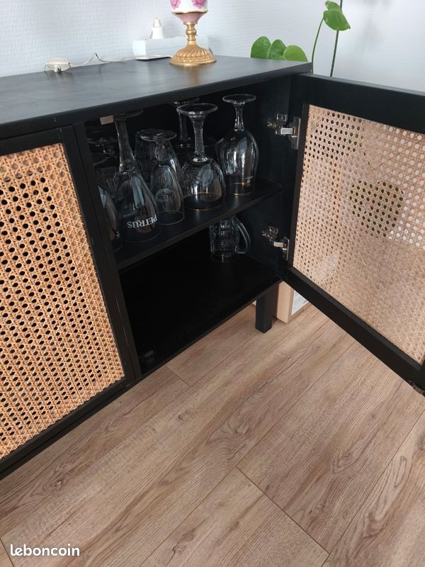 Buffet enfilade noir cannage rotin 160x40x75,5cm (image 3)