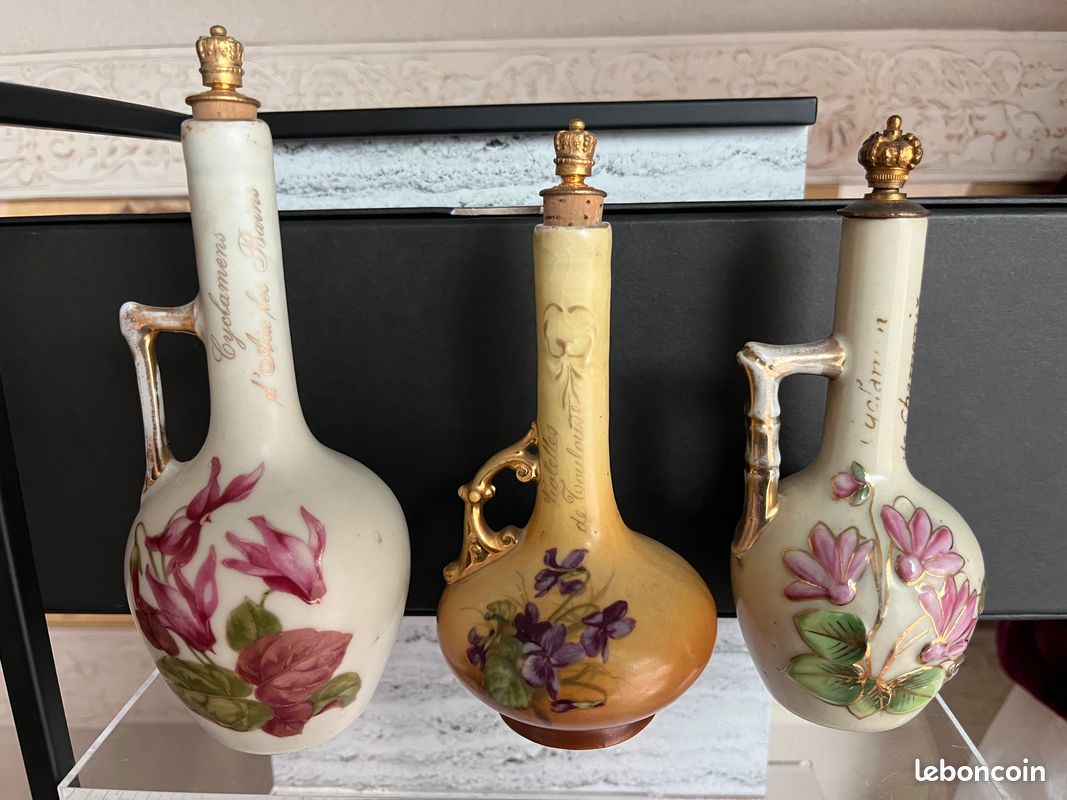 Anciens flacons à parfum VIDES porcelaine Art Nouveau Cyclamen Violettes de Toulouse (image 1)