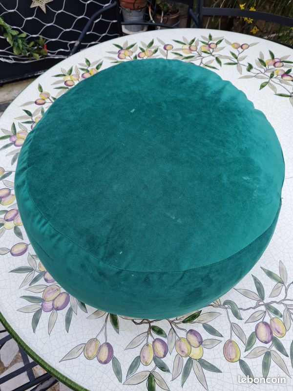 Grand Pouf rond,tissu vert foncé, vintage (image 1)