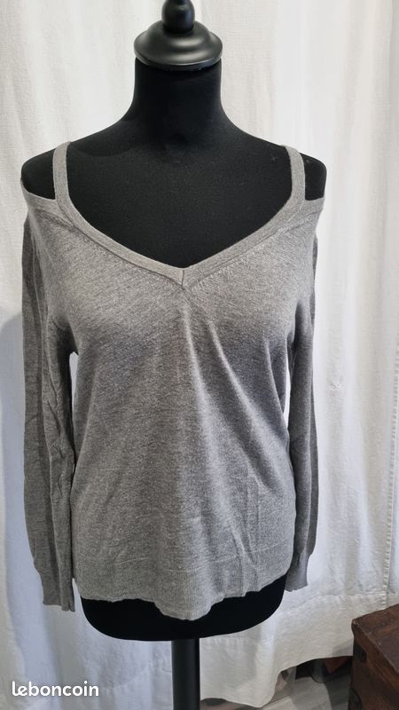 Pull Zara Gris Fin – Taille 38 Femme – Occasion Très Bon état – Bi-matière