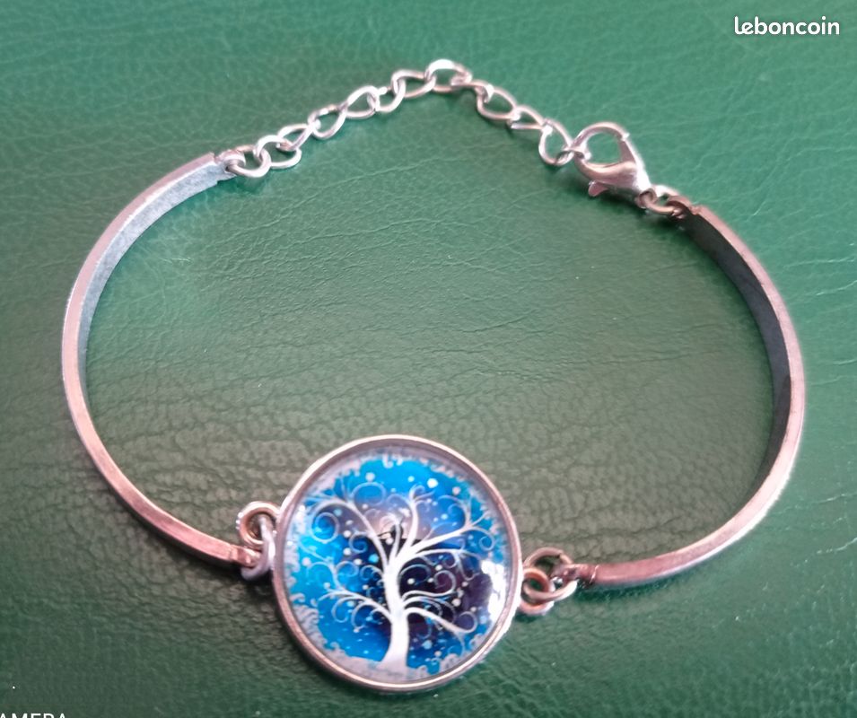 Parure collier bracelet boucles oreilles motifs arbre de vie protégé par rond transparent bombé neuf (image 2)