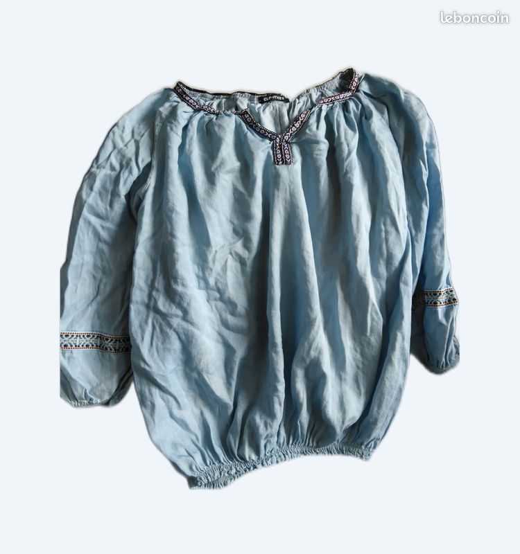 Haut blouse en jean bleue claire tunique ethnique bohème hippie
