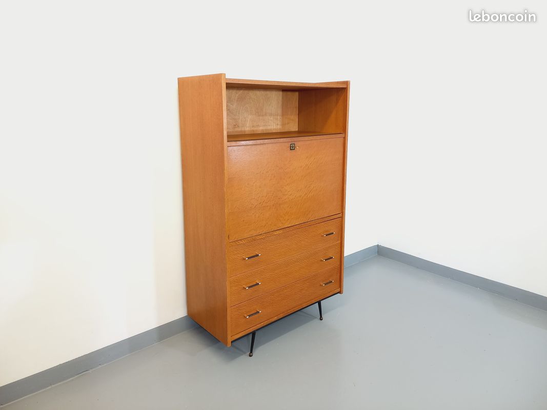 Secrétaire Bureau Vintage Années 50 - Bois Massif Marron - 150x85x55 Cm