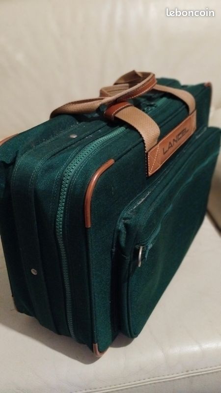 Valise Vintage En Toile Verte D Stocks Edimbourg Avec Bordure Cuir Et Initiales H.E - Années 1920, Origine Royaume-Uni