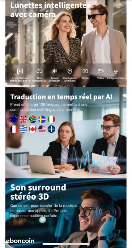 Lunettes Intelligentes AI 4K - Caméra HD, Photochromiques, Appels Bluetooth - Neuf