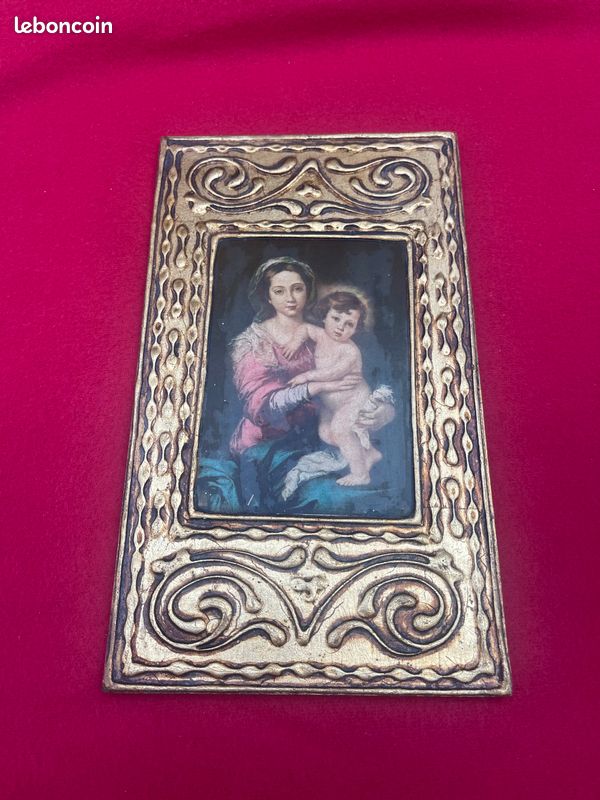Icône Religieuse Ancienne Sur Bois – Vierge à l’Enfant – Cadre Doré à la Feuille (image 1)
