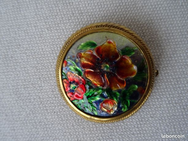 Broche Ancienne Limoges - Cabochon Décoratif - Métal Doré - Bijou Fantaisie Vintage Modèle B040