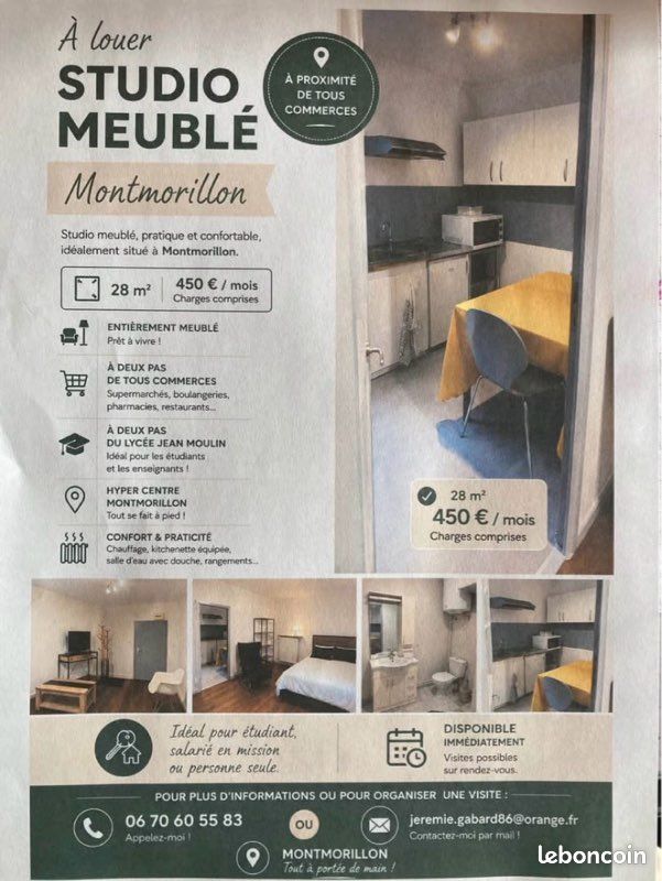 Appartement 2 pièces 28 m² · à Montmorillon · 28 m² · 450 €/mois