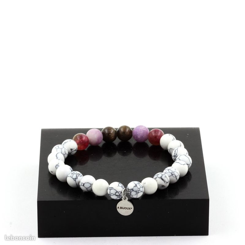 Bracelet Perles Rubis de Mogok, Birmanie, Myanmar + Mica violet mat + Tourmaline bicolore + Howlite (image 1)