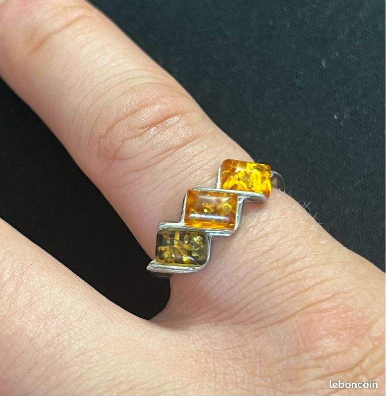 Bague Vintage En Argent Sterling Avec Ambre Naturel - Bijou Ancien