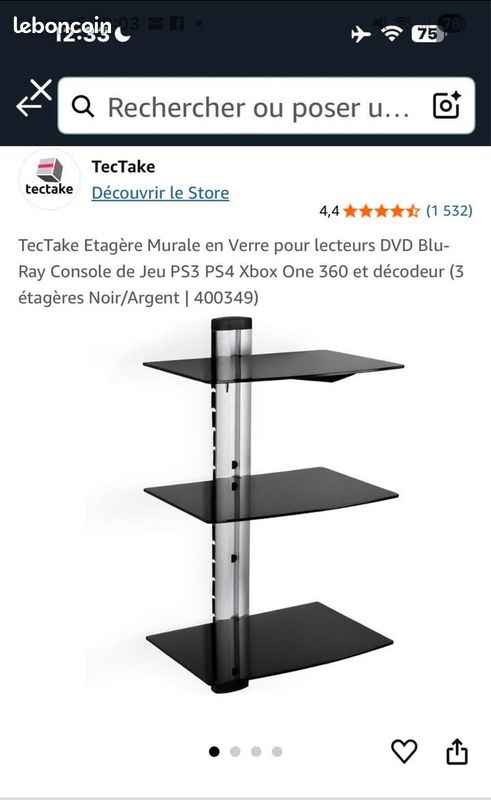 TecTake Etagère Murale en Verre pour lecteurs DVD Blu-Ray Console de Jeu décodeur (3 étagères Noir (image 1)
