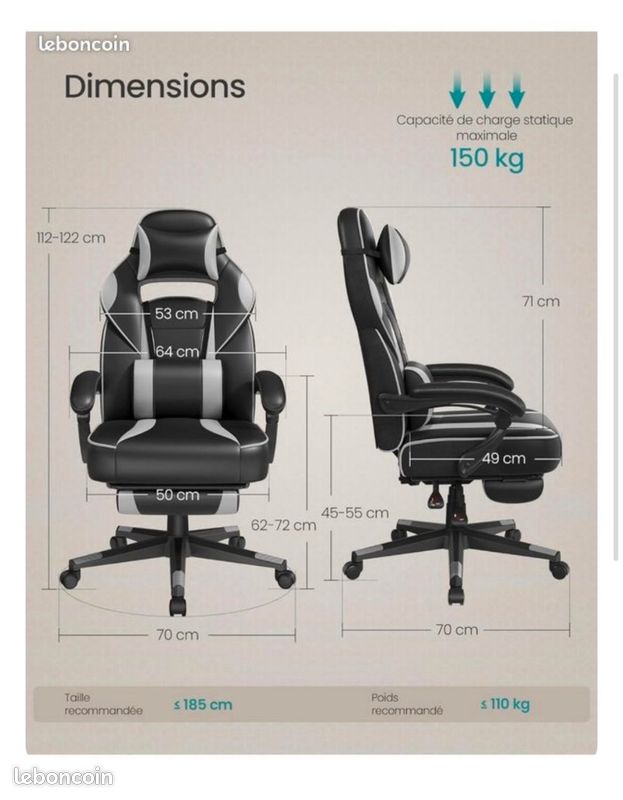 Fauteuil de bureau / gaming noir et gris – Très bon état (image 3)