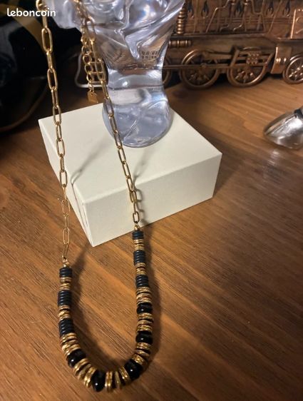 Collier Italien Vintage Noir Et Or Années 70 - Métal Doré Perles Occasion Bijou Rétro