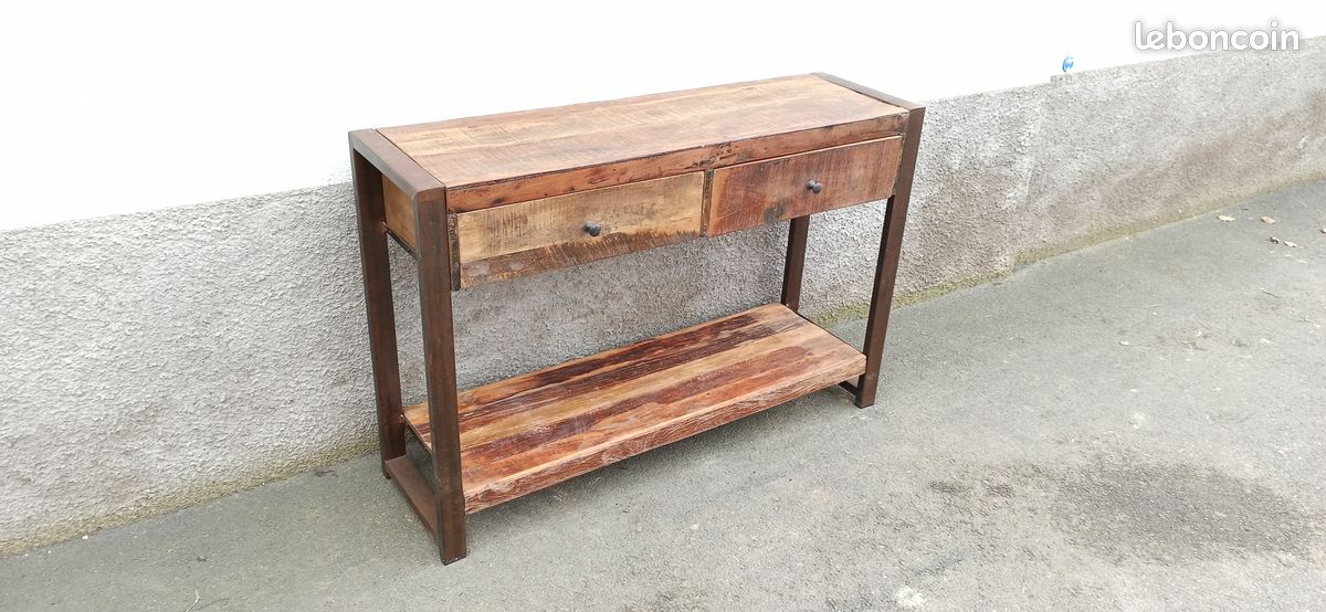 Console en bois ancien avec pieds métal 2 tiroirs (image 4)