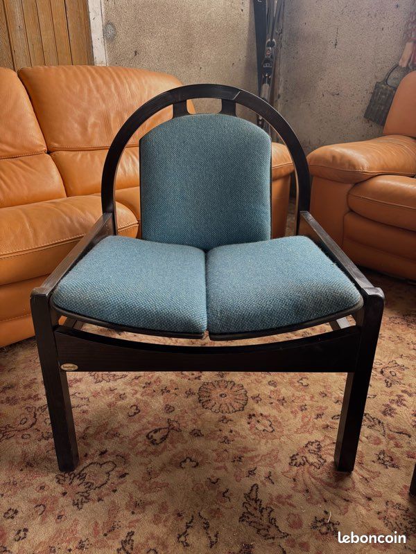 Paire de fauteuils Baumann Argos vintage, tissu bleu d’origine (image 4)
