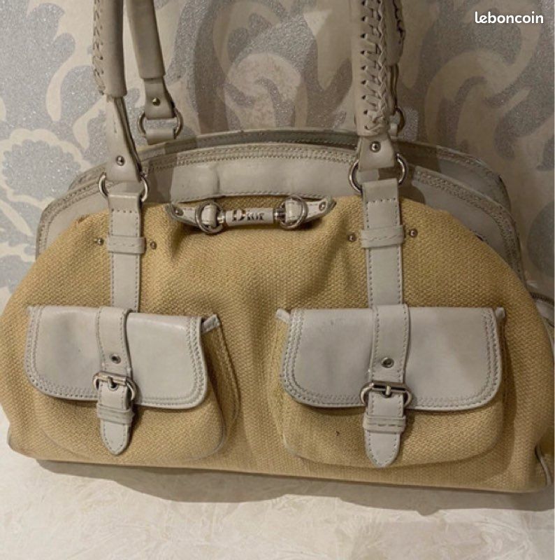 Grand Sac à main de luxe DIOR en cuir et toile beige (image 1)