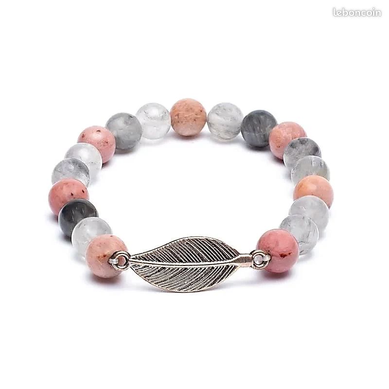 Mala / Bracelet Élastique Rhodonite & Quartz Gris avec Plume – - ID N°69 (image 1)