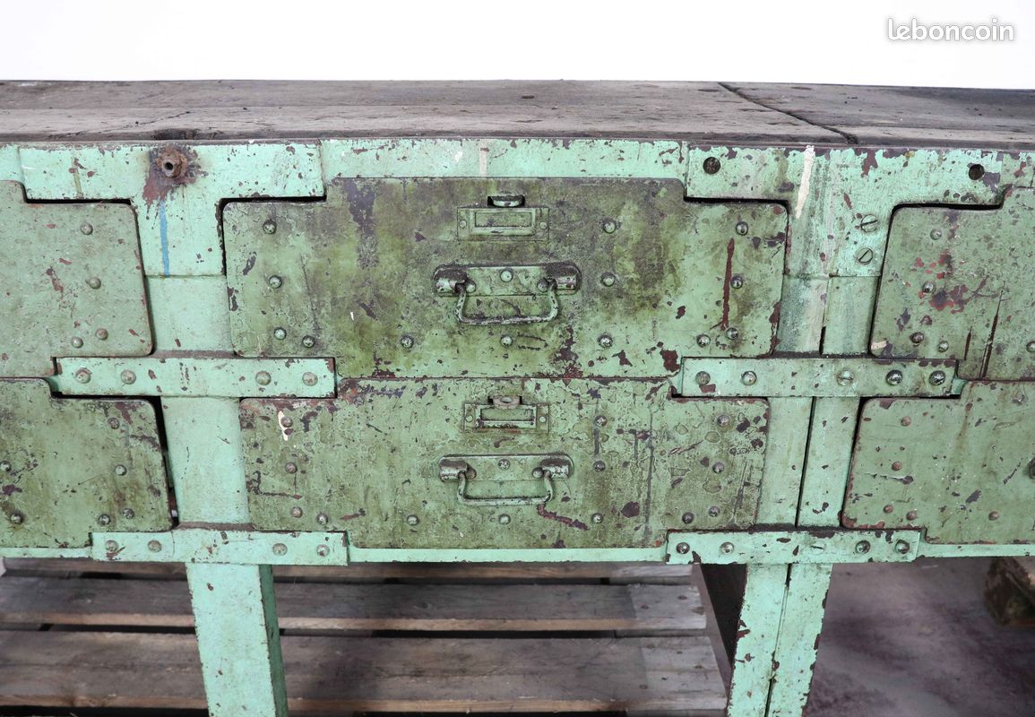Ancien etabli riveté 301X60cm H80cm avec plateau bois - 3063 (image 5)