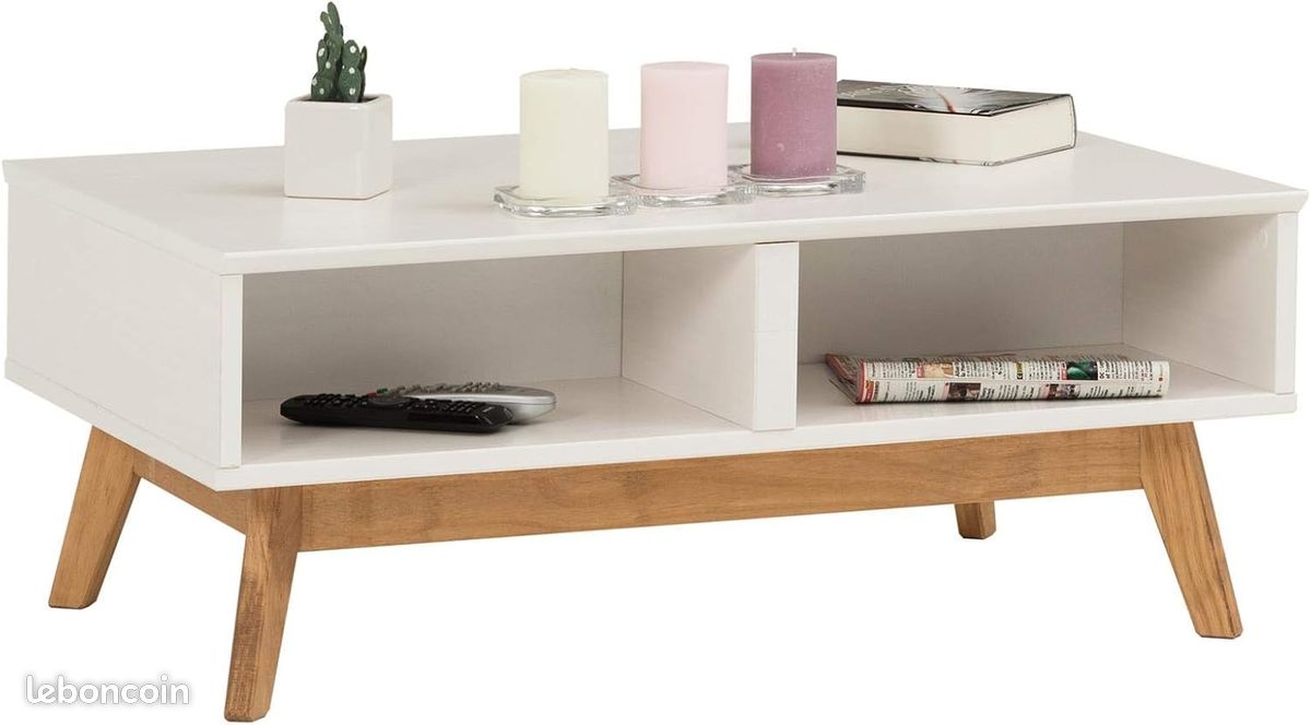 Table Basse Scandinave en Pin Massif – 90 x 60 cm – Design Vintage Blanc Lasuré – 2 Tiroirs & 2 Niches Modulables (image 3)